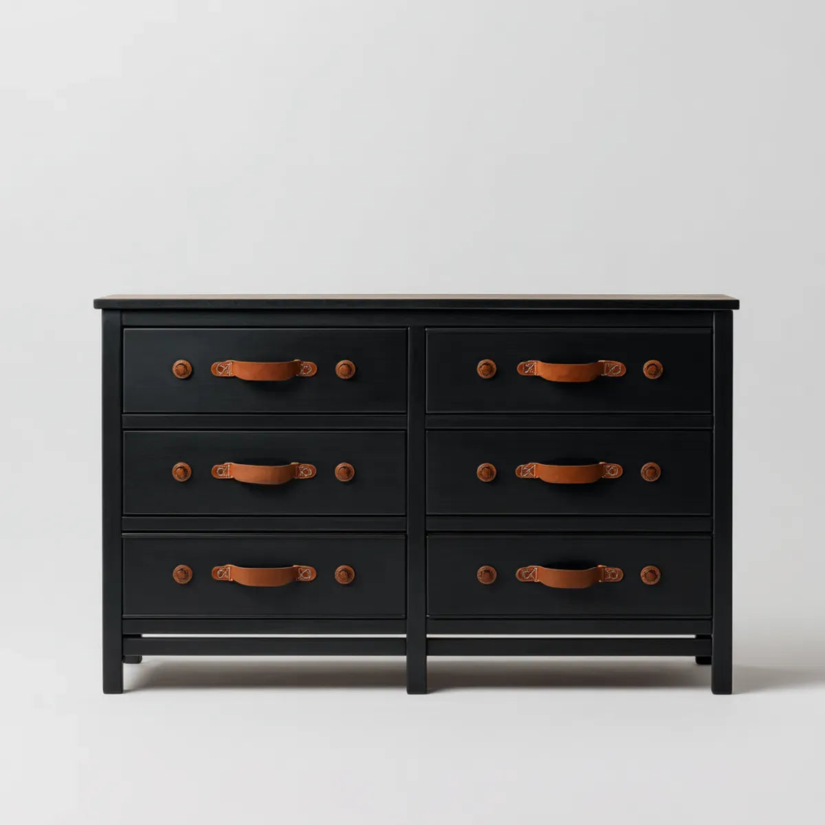Komoda, 6 szuflad czarny 140 x 45 x 85 cm prostokątna MDF z uchwytami w brązowym PU