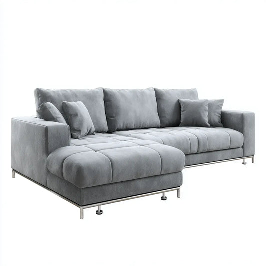 Sofa, 4 szare poliestrowe aksamitne sofa z szezlongiem 280 x 160 x 85 cm